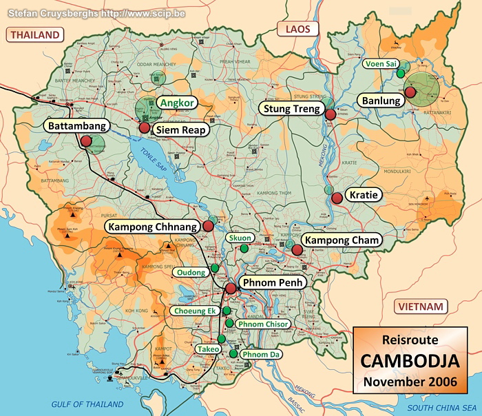 Reisroute / Kaart Cambodja, een boeddhistisch land gelegen tussen Thailand, Laos en Vietnam, telt 13 miljoen inwoners. De Mekong rivier stroomt vanaf Laos in het noorden tot aan Vietnam in het zuidoosten. Centraal in de laagvlakte ligt het Tonlé Sapmeer.<br />
<br />
In 1953 werd Cambodja onafhankelijk van Frankrijk. Hierna volgden woelige decennia met de Vietnamoorlog en het bloedige regime van de rode Khmer. Nu is er terug stabiliteit en het toerisme begin langzaam te bloeien.<br />
 Stefan Cruysberghs